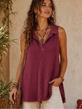Free People We The Free Boho Textured Tunic Top Burgundy Sleeveless Medium